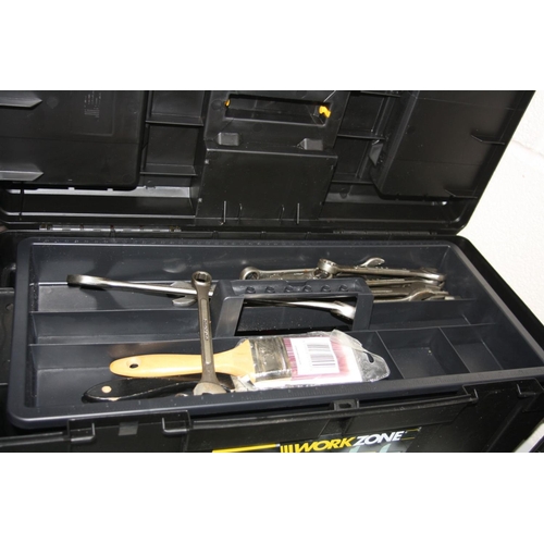 1060 - TWO WORKZONE TOOLBOXES AND A TRAY CONTAINING TOOLS including a mitre saw, chisels, auger bits, spann... 