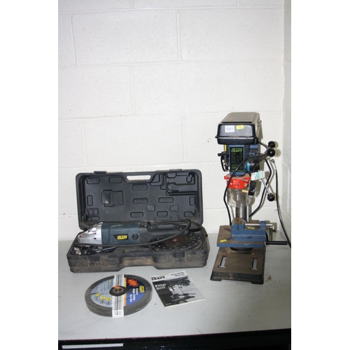 1061 - A POWERCRAFT DP500 PILLAR DRILL , a machine vice and a Powercraft 9 inch angle grinder with spare di... 