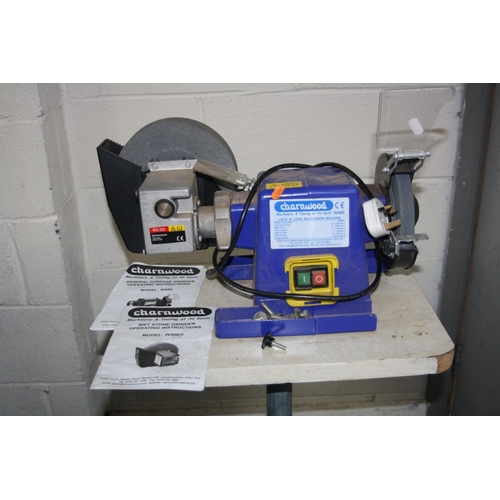 1067 - A CHARNWOOD W406 BENCH GRINDER with a WG200 Wet stone grinder attachment , gouge cutting guide on wh... 