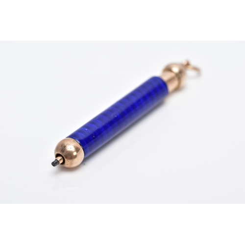 107 - A MINIATURE YELLOW METAL AND BLUE GUILLOCHE ENAMEL RETRACTABLE PENCIL, decorated with a vivid blue g... 