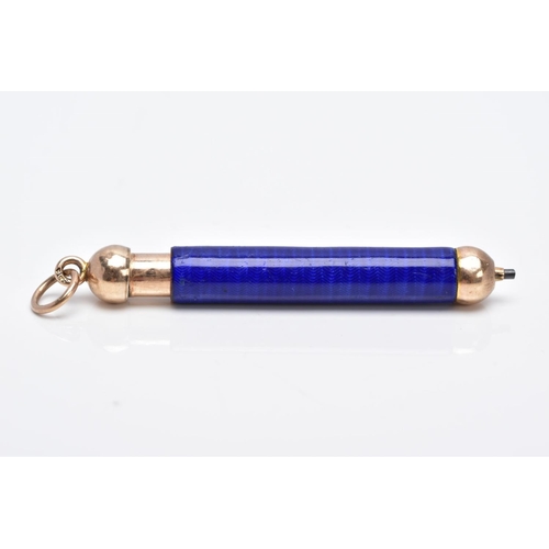 107 - A MINIATURE YELLOW METAL AND BLUE GUILLOCHE ENAMEL RETRACTABLE PENCIL, decorated with a vivid blue g... 