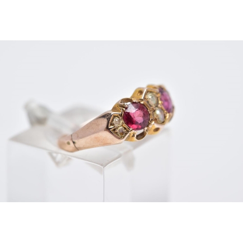 108 - A 9CT GOLD GARNET AND SPLIT PEARL RING, designed with two circular cut garnets, interspaced with thr... 