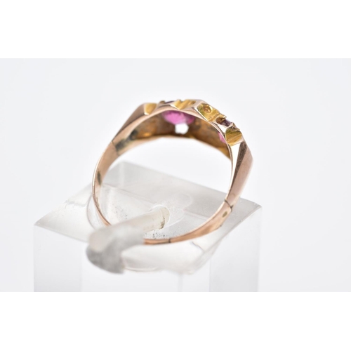 108 - A 9CT GOLD GARNET AND SPLIT PEARL RING, designed with two circular cut garnets, interspaced with thr... 