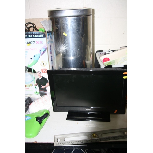 1102 - A PLASTIC BOX CONTAINING HOUSEHOLD ITEMS, a Digihome 19 inch TV (PAT pass powers up but no remote to... 