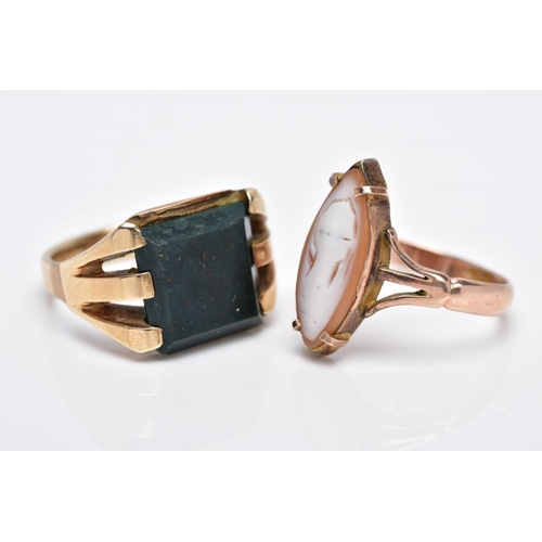 111 - A CAMEO AND A BLOODSTONE SIGNET RING, to include a rose gold tone, worn cameo ring of a marquise sha... 