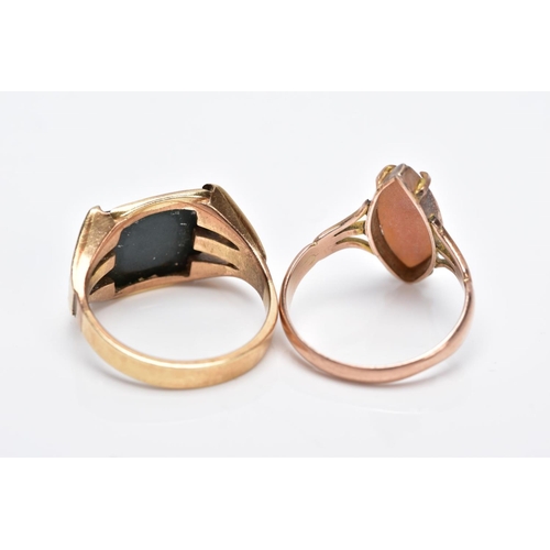 111 - A CAMEO AND A BLOODSTONE SIGNET RING, to include a rose gold tone, worn cameo ring of a marquise sha... 