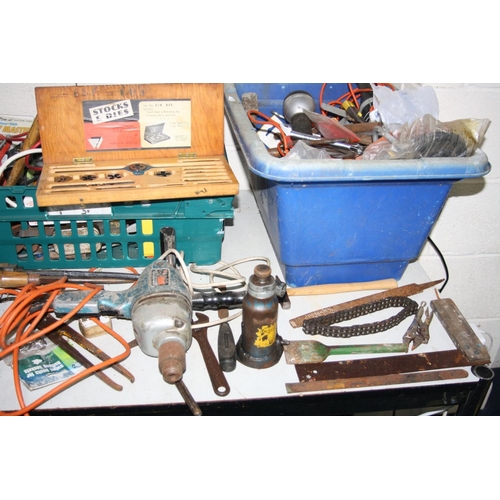 1113 - THREE TRAYS CONTAINING HAND TOOLS AND VINTAGE POWER TOOLS  (untested) including an Imperial tap and ... 