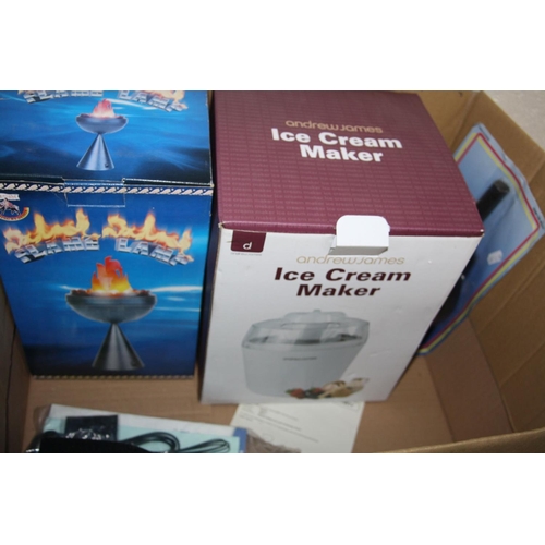 1116 - TWO TRAYS CONTAINING HOUSE HOLD ELECTRICAL ITEMS including a Brand new boxed Andrew James Ice cream ... 