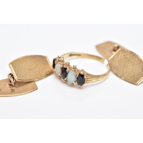 112 - A PAIR OF 9CT GOLD CUFFLINKS AND A 9CT GOLD FIVE STONE RING, the cufflinks designed as curved rectan... 