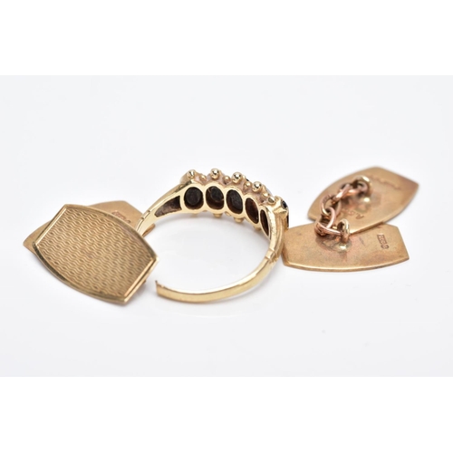 112 - A PAIR OF 9CT GOLD CUFFLINKS AND A 9CT GOLD FIVE STONE RING, the cufflinks designed as curved rectan... 