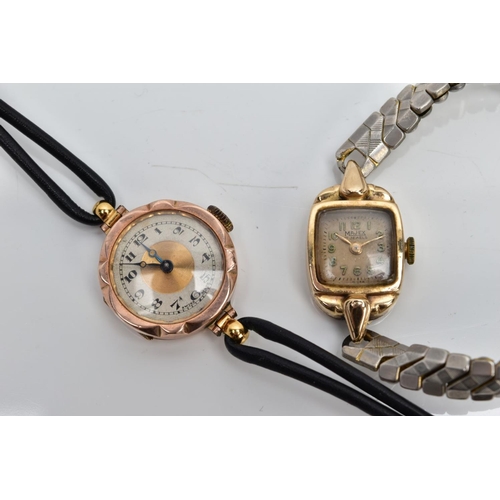 114 - TWO 9CT GOLD LADIES WRISTWATCHES, the first with a square discoloured dial signed 'Majex 17 jewels',... 