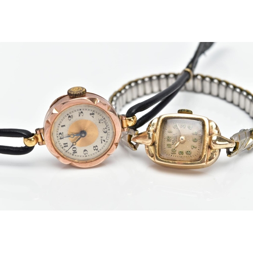 114 - TWO 9CT GOLD LADIES WRISTWATCHES, the first with a square discoloured dial signed 'Majex 17 jewels',... 