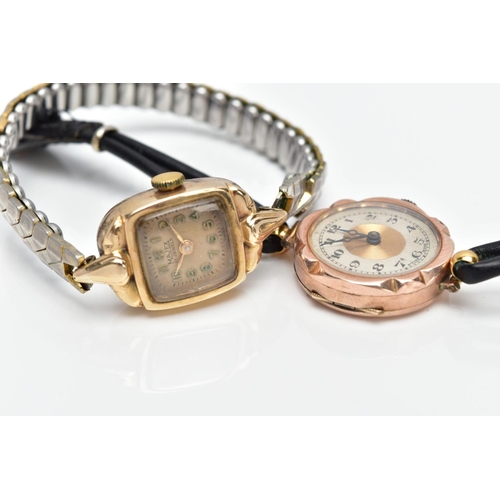 114 - TWO 9CT GOLD LADIES WRISTWATCHES, the first with a square discoloured dial signed 'Majex 17 jewels',... 