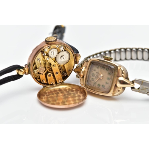 114 - TWO 9CT GOLD LADIES WRISTWATCHES, the first with a square discoloured dial signed 'Majex 17 jewels',... 