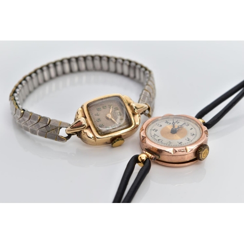 114 - TWO 9CT GOLD LADIES WRISTWATCHES, the first with a square discoloured dial signed 'Majex 17 jewels',... 