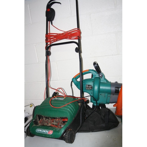 1143 - A POWERBASE GARDEN BLOWER, a Flymo Revolution 2000 strimmer and a Qualcast Concorde 32 lawn mower (n... 