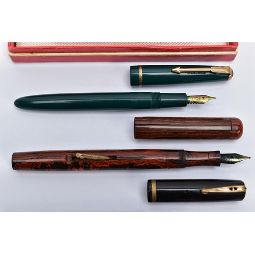 115 - FOUR FOUNTAIN PENS, to include an emerald green and gold trim 'Parker', a black and gold trim 'Water... 