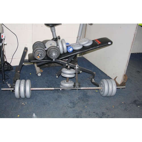 1167 - A QUANTITY OF EXERCISE EQUIPMENT including an Olympus Sport exercise bike (distressed) , a York benc... 