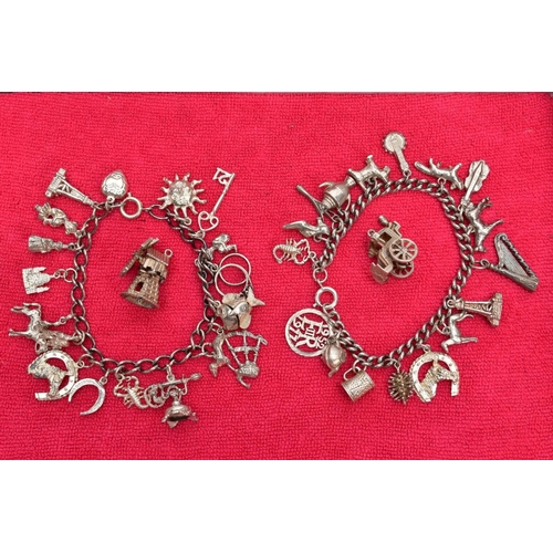 117 - TWO WHITE METAL CHARM BRACELETS AND TWO CHARMS, the first bracelet suspending seventeen charms in fo... 