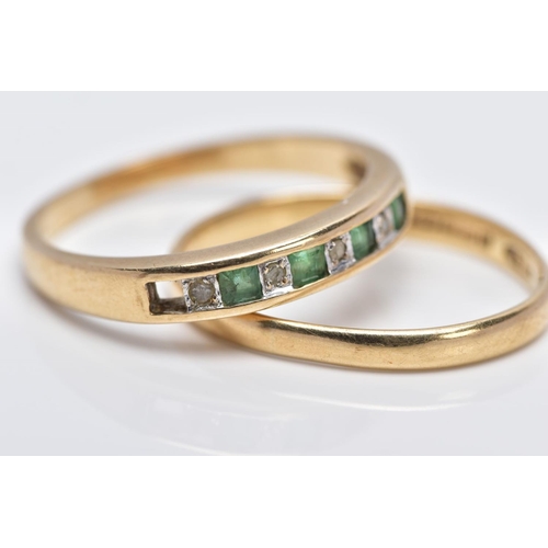 12 - A 9CT GOLD EMERALD AND DIAMOND HALF HOOP RING AND A 9CT GOLD BAND, the half hoop ring designed with ... 