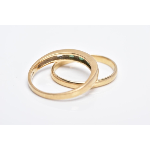 12 - A 9CT GOLD EMERALD AND DIAMOND HALF HOOP RING AND A 9CT GOLD BAND, the half hoop ring designed with ... 