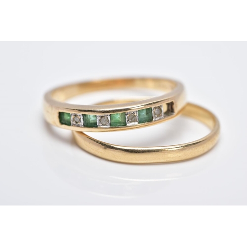 12 - A 9CT GOLD EMERALD AND DIAMOND HALF HOOP RING AND A 9CT GOLD BAND, the half hoop ring designed with ... 