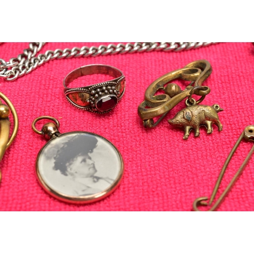 120 - A BOX OF MISCELLANEOUS ITEMS, to include a silver Albert chain fitted with a T-bar stamped 'Sterling... 