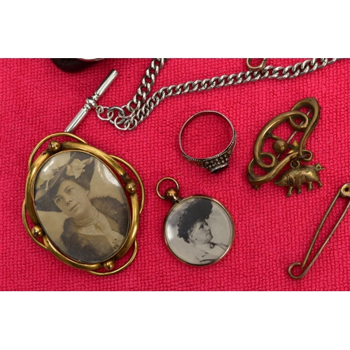 120 - A BOX OF MISCELLANEOUS ITEMS, to include a silver Albert chain fitted with a T-bar stamped 'Sterling... 