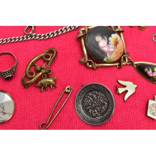 120 - A BOX OF MISCELLANEOUS ITEMS, to include a silver Albert chain fitted with a T-bar stamped 'Sterling... 