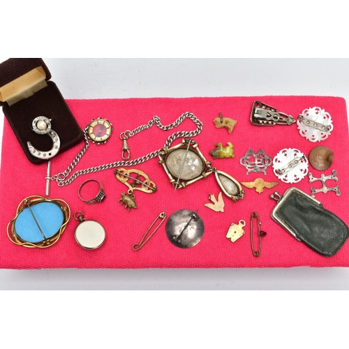 120 - A BOX OF MISCELLANEOUS ITEMS, to include a silver Albert chain fitted with a T-bar stamped 'Sterling... 