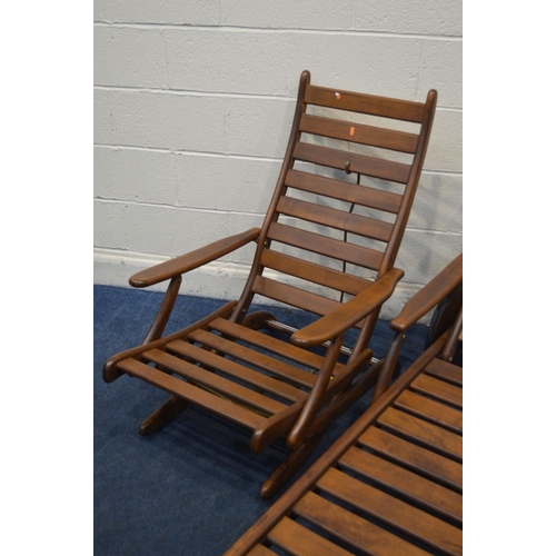 1201 - A MODERN STAINED BEECH SUN LOUNGER, with an adjustable back, arms with rear wheels, length 193cm x w... 