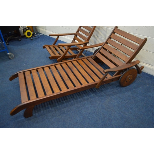 1201 - A MODERN STAINED BEECH SUN LOUNGER, with an adjustable back, arms with rear wheels, length 193cm x w... 