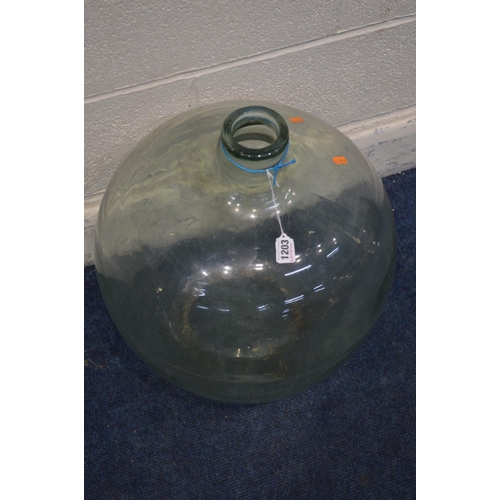 1203 - A 20TH CENTURY DEMIJOHN, green finish, height 52cm