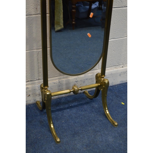 1212 - A MODERN BRASSED CHEVAL MIRROR, height 155cm