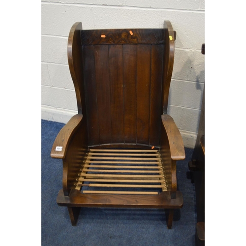 1214 - A PAIR OF EARLY TO MID 20TH CENTURY ARTS AND CRAFTS OAK ARMCHAIRS, width 70cm x depth 80cm x height ... 