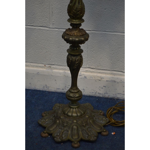 1216 - A PAIR OF EARLY 20TH CENTURY HEAVY BRASS STANDARD LAMPS, with a fabric shade, height to fitting 141c... 