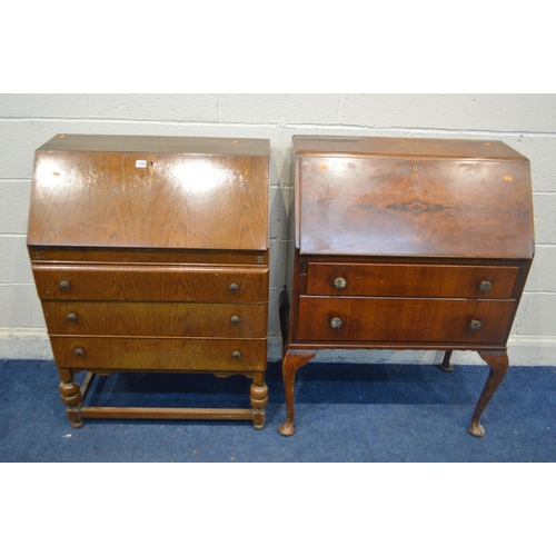 1335 - AN OAK BUREAU and a walnut bureau (2)