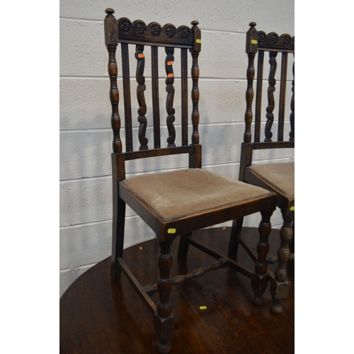 1351 - AN EARLY TO MID 20TH CENTURY OAK BARLEY TWIST GATE LEG TABLE (sd) four similar chairs and another ch... 