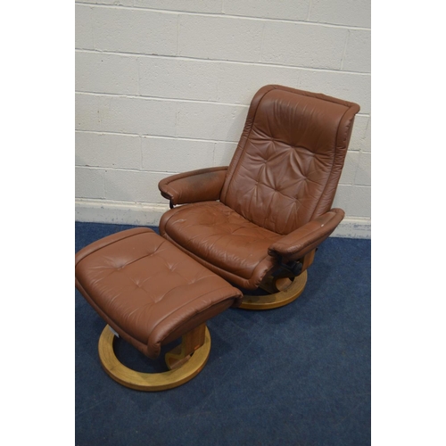 1353 - A BROWN LEATHER STRESSLESS RECLINING SWIVEL CHAIR and matching stool (sd) (2)