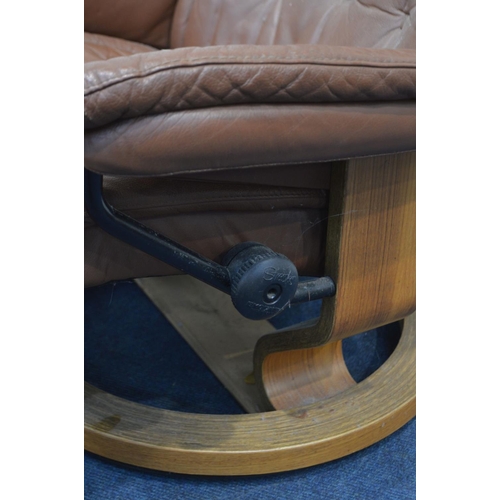 1353 - A BROWN LEATHER STRESSLESS RECLINING SWIVEL CHAIR and matching stool (sd) (2)