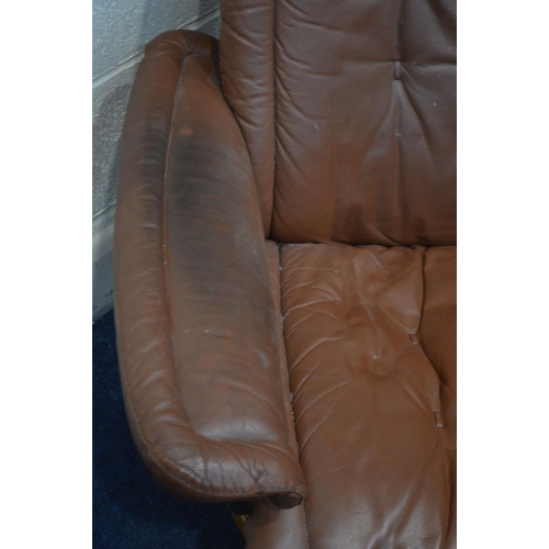 1353 - A BROWN LEATHER STRESSLESS RECLINING SWIVEL CHAIR and matching stool (sd) (2)