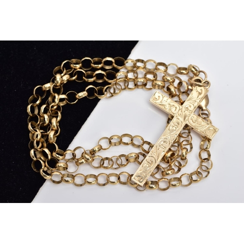 18 - A 9CT GOLD BELCHER CHAIN AND CROSS PENDANT, the belcher chain fitted with a lobster claw clasp hallm... 