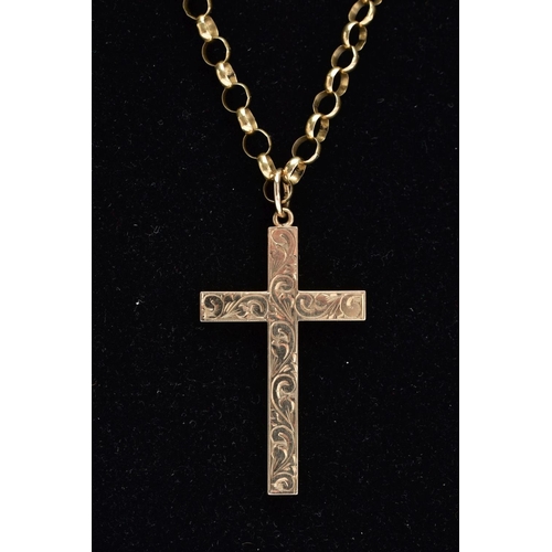 18 - A 9CT GOLD BELCHER CHAIN AND CROSS PENDANT, the belcher chain fitted with a lobster claw clasp hallm... 