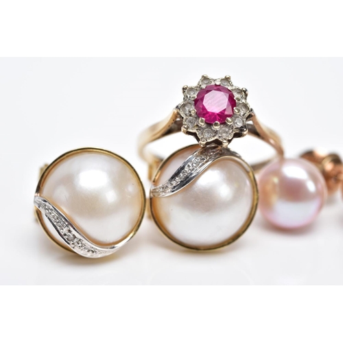 20 - A PAIR OF CULTURED PEARL EARRINGS, A PAIR OF CULTURED MABE PEARL EARRINGS AND A 9CT GOLD RING, the f... 