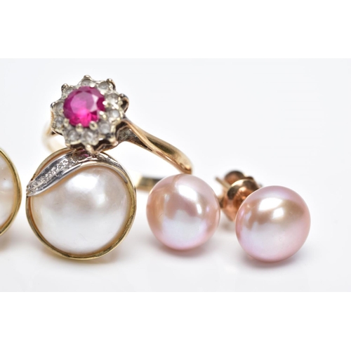 20 - A PAIR OF CULTURED PEARL EARRINGS, A PAIR OF CULTURED MABE PEARL EARRINGS AND A 9CT GOLD RING, the f... 