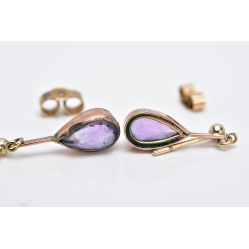 24 - A PAIR OF 9CT GOLD AMETHYST DROP EARRINGS, each designed with a pear cut amethyst within a collet mo... 