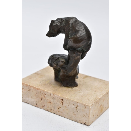 27 - A SIGGY PUCHTA BRONZE SCULPTURE OF TWO BEARS IN A TREE, on stone base, sticker to the base 'original... 