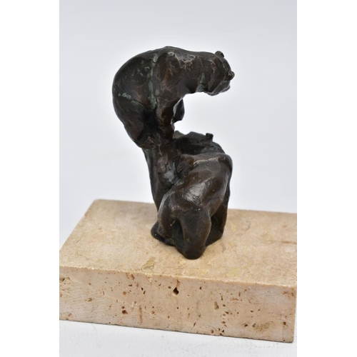 27 - A SIGGY PUCHTA BRONZE SCULPTURE OF TWO BEARS IN A TREE, on stone base, sticker to the base 'original... 