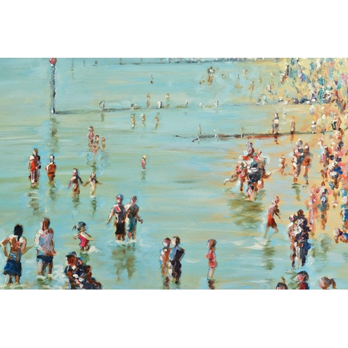 304 - HILARY BURNETT COOPER (BRITISH CONTEMPORARY) 'ENJOYING THE HEATWAVE II' sunbathers and figures paddl... 