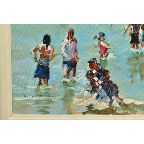 304 - HILARY BURNETT COOPER (BRITISH CONTEMPORARY) 'ENJOYING THE HEATWAVE II' sunbathers and figures paddl... 